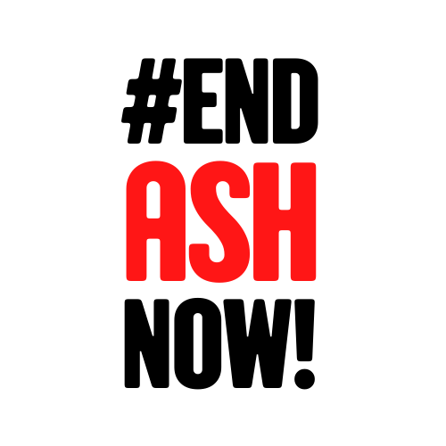 Logo: # End ASH Now! Black text but with ASH standing out in red.