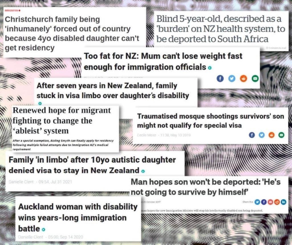 Collage of media headlines showing families with disabled kids being threatened with deportation, stuck in limbo, migrant being targeted for being, to quote the headline, "too fat", etc.